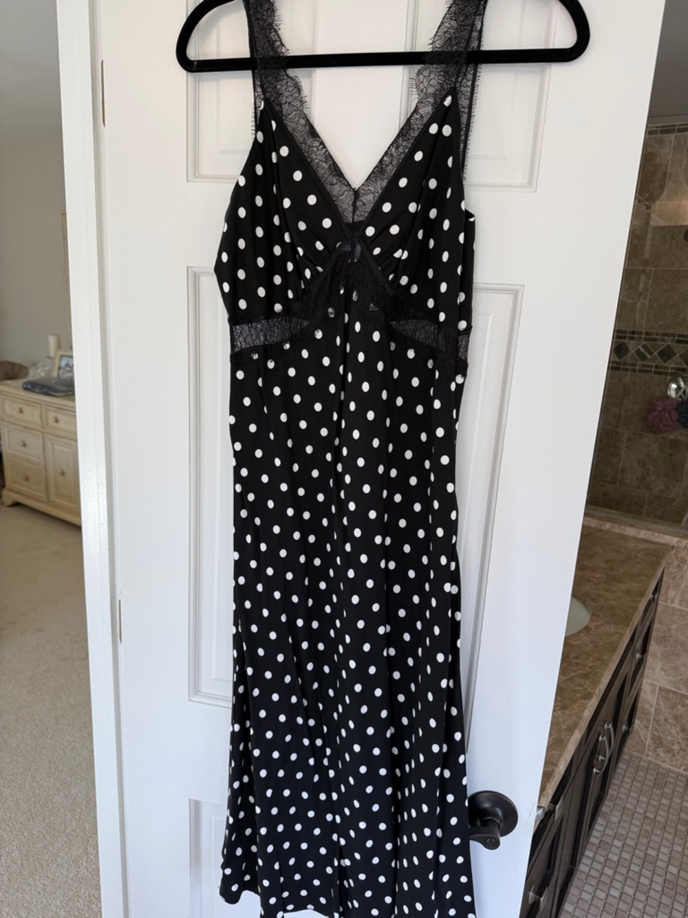 Lucy Paris Black & White Polka Dot Midi Dress with Lace Trim